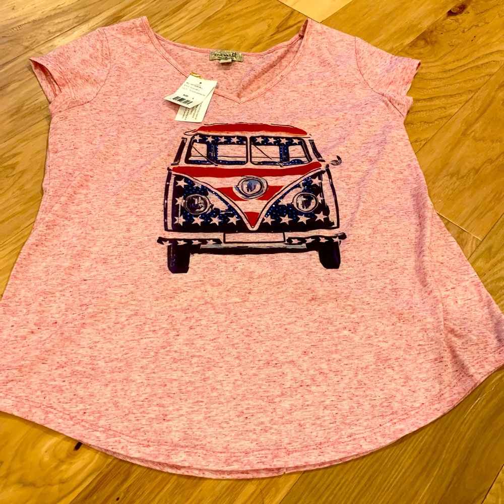 NWT One world red, white, blue shirt with embellished vintage van size Large